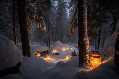 snow-covered forest with campfire and lanterns, providing warmth and light, created with generative aiの素材