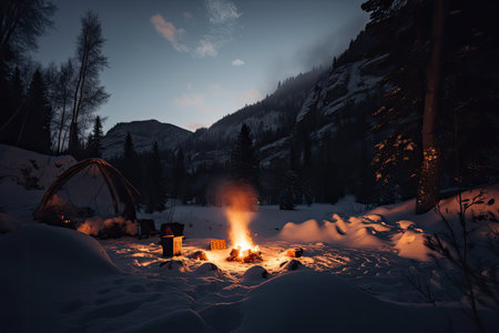 campfire surrounded by silhouettes of trees and mountains in snowy forest, created with generative aiの素材