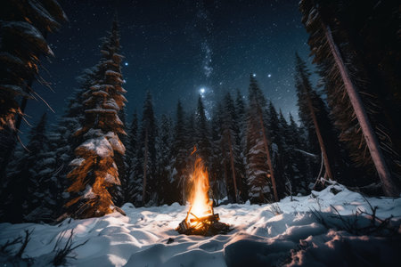 campfire burning bright in snowy forest, with view of the stars above, created with generative aiの素材