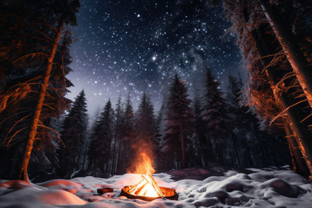 campfire burning bright in snowy forest, with view of the stars above, created with generative aiの素材