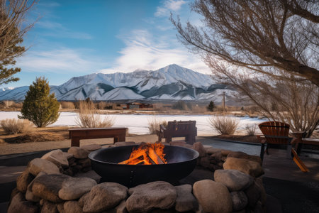 campfire with view of snowy mountain range, perfect for winter getaway, created with generative aiの素材