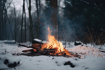 campfire with flickering flames and snowflakes falling around it, in winter forest, created with generative aiの素材