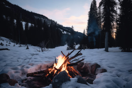 campfire with crackling flames in snowy forest, against the backdrop of distant mountain range, created with generative aiの素材