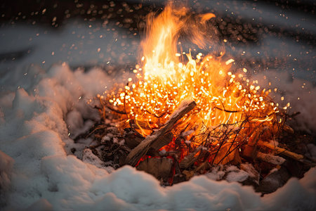 close-up of burning fire surrounded by snowflakes, created with generative aiの素材