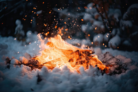 close-up of burning fire surrounded by snowflakes, created with generative aiの素材