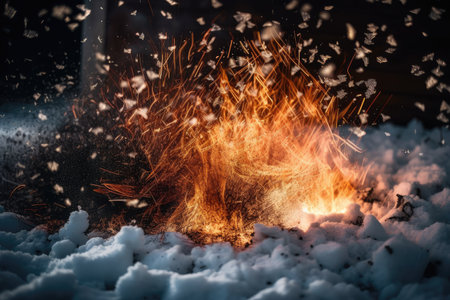 close-up of burning fire surrounded by snowflakes, created with generative aiの素材