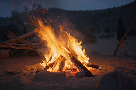 close-up of campfire, with sparks flying and flickering flames, created with generative aiの素材