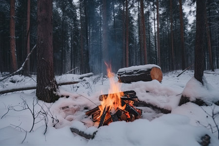 campfire surrounded by snow-covered trees in winter forest, created with generative aiの素材