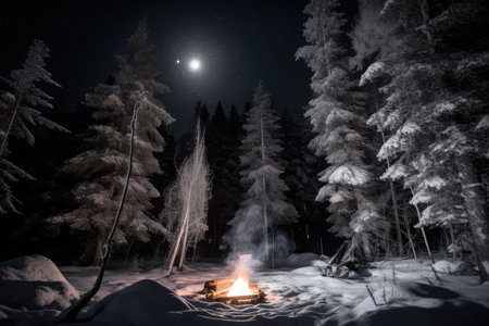 campfire surrounded by silhouette of snow-covered trees, with the moon shining above, created with generative aiの素材