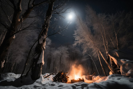 campfire surrounded by silhouette of snow-covered trees, with the moon shining above, created with generative aiの素材