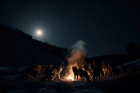 campfire surrounded by a pack of wolves howling at the moon, created with generative aiの素材