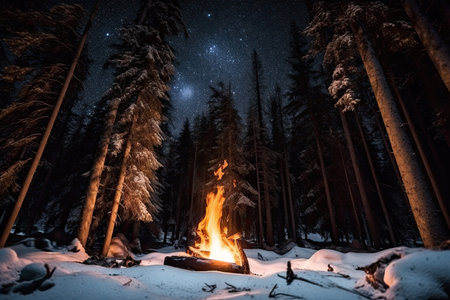campfire crackling with flames in the middle of snowy forest night, with stars above, created with generative aiの素材