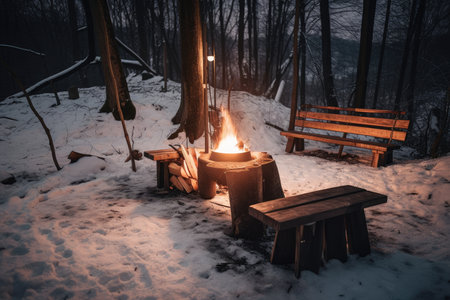 campfire with wooden bench and lantern next to it in snowy forest, created with generative aiの素材