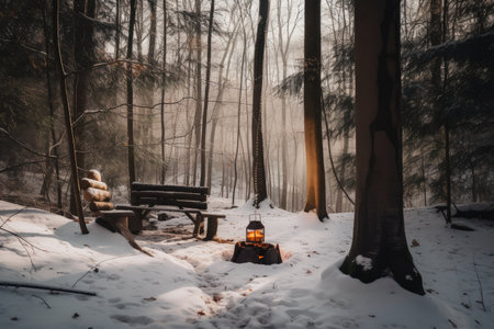 campfire with wooden bench and lantern next to it in snowy forest, created with generative aiの素材