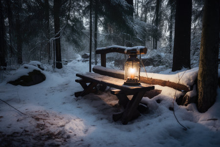 campfire with wooden bench and lantern next to it in snowy forest, created with generative aiの素材