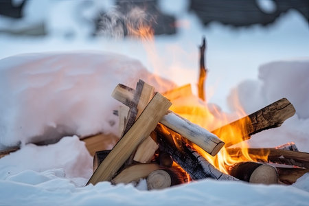 close-up of warm and cozy campfire with firewood in the snow, created with generative aiの素材