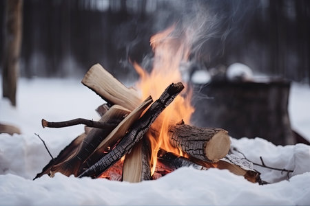 close-up of warm and cozy campfire with firewood in the snow, created with generative aiの素材