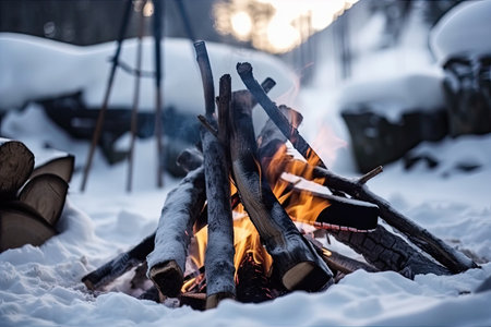 close-up of warm and cozy campfire with firewood in the snow, created with generative aiの素材
