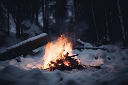 campfire with snowflakes landing on the flames and smoke, created with generative aiの素材