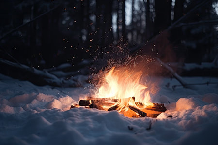 campfire with snowflakes landing on the flames and smoke, created with generative aiの素材