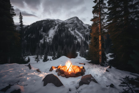 campfire surrounded by snow-covered trees and mountains in the distance, created with generative aiの素材
