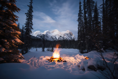 campfire surrounded by snow-covered trees and mountains in the distance, created with generative aiの素材
