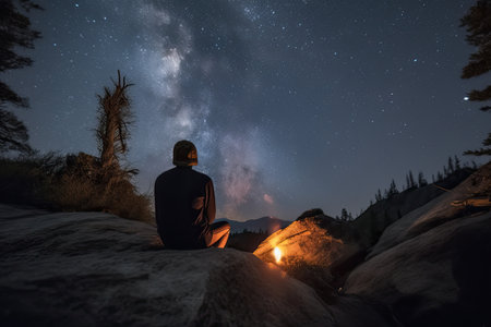 person, sitting by the fire, gazing at the starry night sky, created with generative aiの素材
