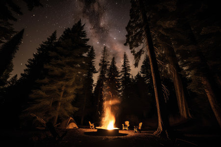 campfire surrounded by silhouettes of towering trees, with stars shining above, created with generative aiの素材