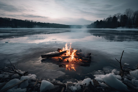 campfire in the middle of frozen lake, with ice floating on its surface, created with generative aiの素材