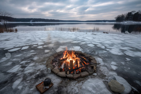 campfire in the middle of frozen lake, with ice floating on its surface, created with generative aiの素材