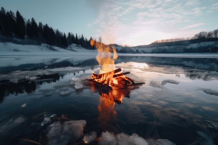 campfire in the middle of frozen lake, with ice floating on its surface, created with generative aiの素材