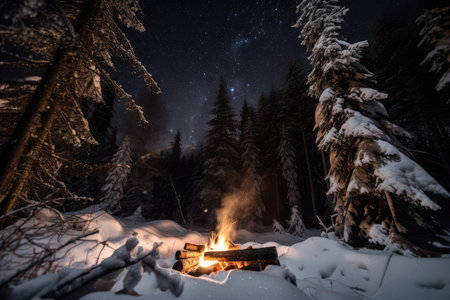 campfire crackling in the snow-covered forest, with a view of the night sky, created with generative aiの素材