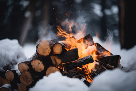 close-up of burning firewood, with the snowflakes gently falling around it, created with generative aiの素材