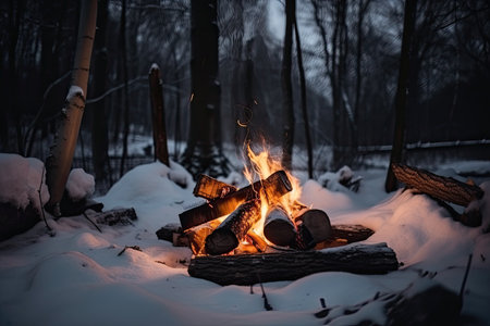 campfire surrounded by firewood, ready for cozy and warm evening in snowy forest, created with generative aiの素材