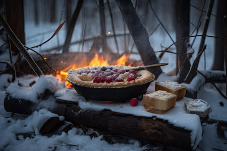 snowy forest with campfire and berry pie cooking on the fire, created with generative aiの素材