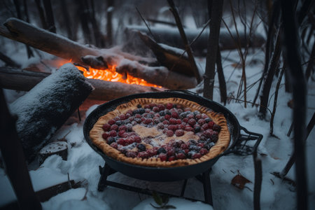 snowy forest with campfire and berry pie cooking on the fire, created with generative aiの素材