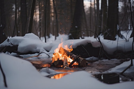 campfire blazing in snowy forest, with reflection of flames visible on the snow, created with generative aiの素材