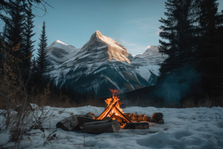 campfire in snowy forest, with view of towering mountain peaks in the background, created with generative aiの素材