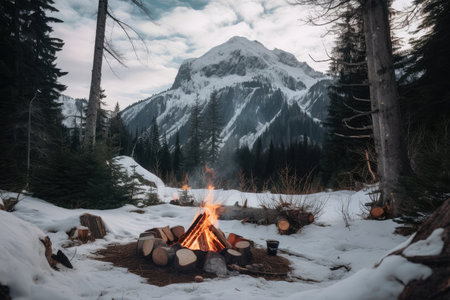 campfire in snowy forest, with view of towering mountain peaks in the background, created with generative aiの素材