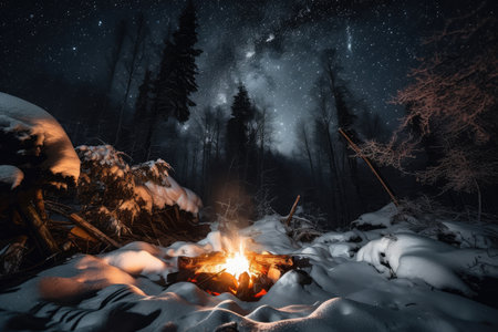 campfire glowing warmly in the midst of snowy forest, with a view of the starry sky, created with generative aiの素材