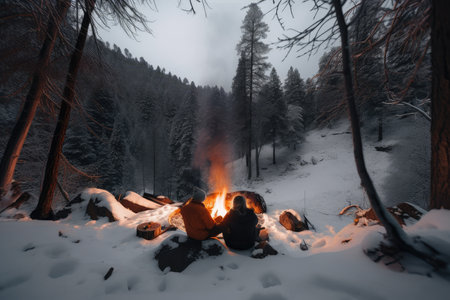 snowy forest with view of campfire and two people sitting by the fire, hugging each other for warmth, created with generative aiの素材