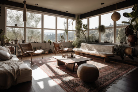 bohemian home with large windows and natural light, bringing in the outdoors, created with generative aiの素材