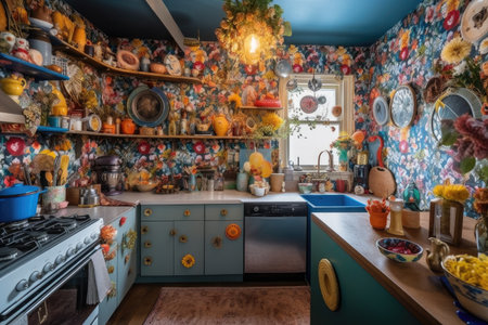 bohemian kitchen with colorful knick-knacks and floral wallpaper, created with generative aiの素材