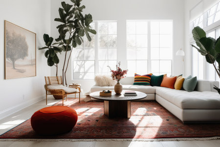 modern and minimalist bohemian home with sleek furniture, natural light, and pops of color, created with generative aiの素材