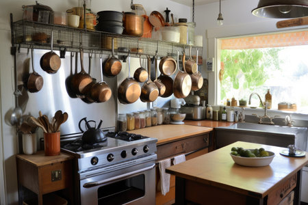 kitchen, with vintage pots and pans hanging above a modern stove, created with generative aiの素材
