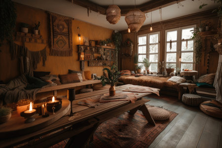 rustic bohemian home with wooden furniture, natural textures and warm lighting, created with generative aiの素材