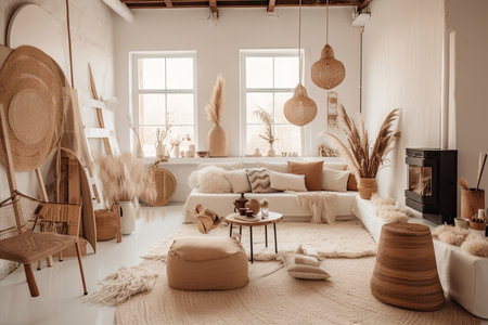 a bohemian home with a minimalist interior, featuring natural materials and organic accents, created with generative aiの素材