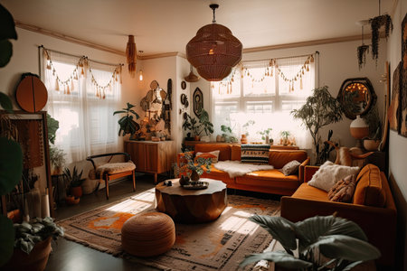 bohemian home with vintage decor, comfortable furniture and warm lighting, created with generative aiの素材