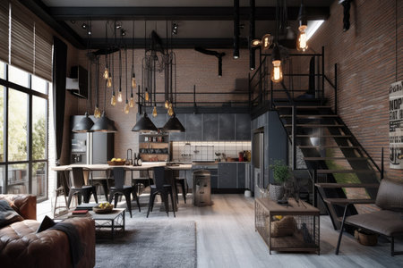 industrial-style home, with industrial lighting and metal features, created with generative aiの素材