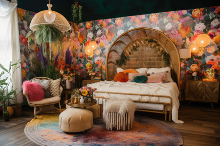 bohemian setting with floral wallpaper, natural d?cor, and colorful accents, created with generative aiの素材